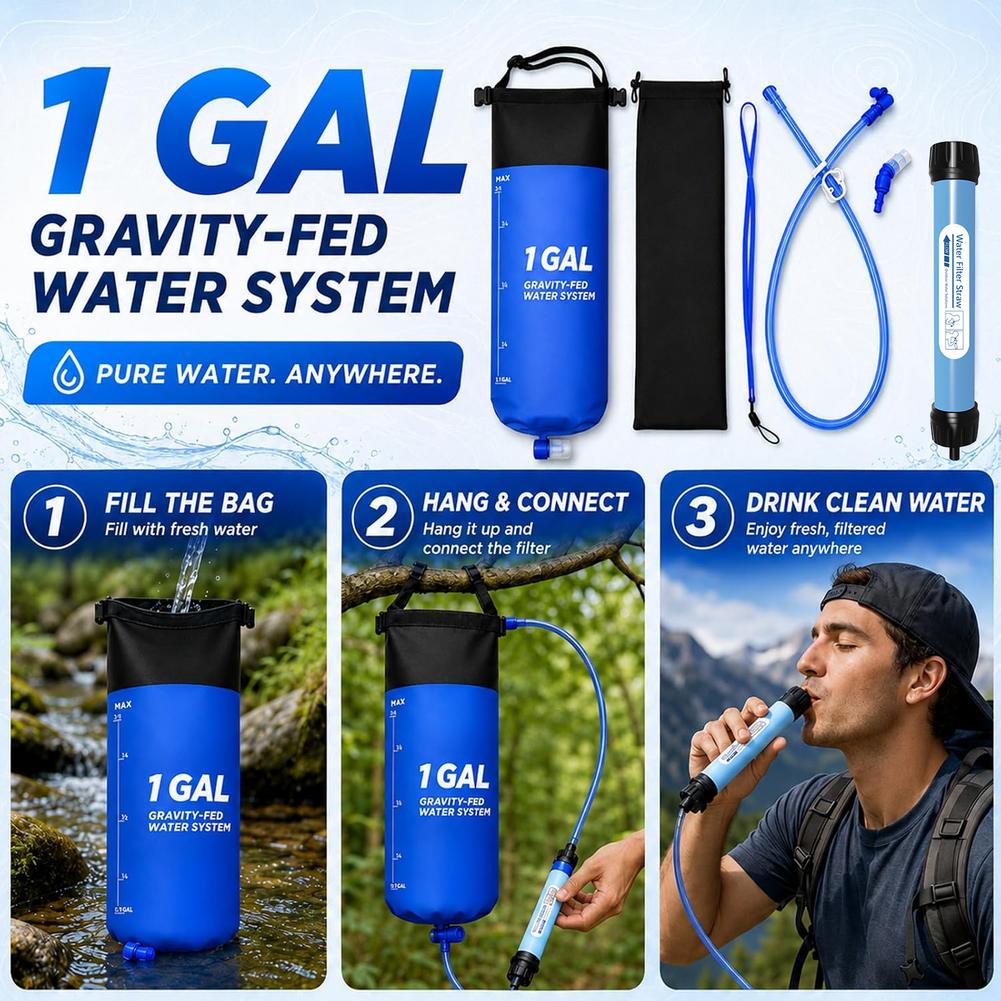 1 Gal Gravity Water Filter Bag - Water Purification Straw review and price